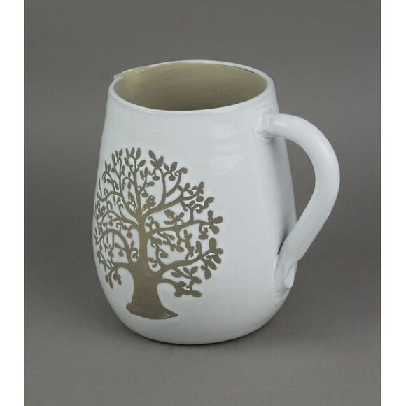 White Ceramic Vintage Finish Family Tree Design Decorative Pitcher - Picture 2 of 3